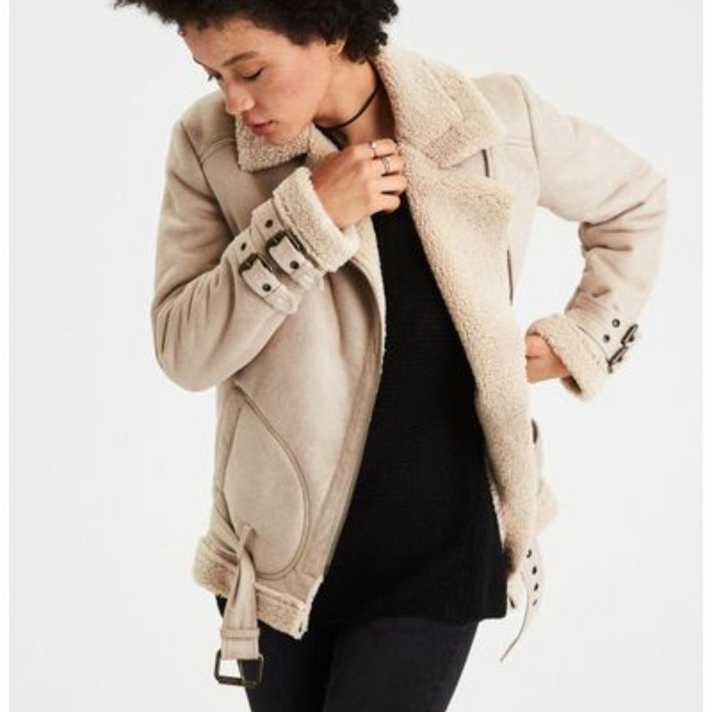 Faux Suede Sherpa Lined Moto Jacket